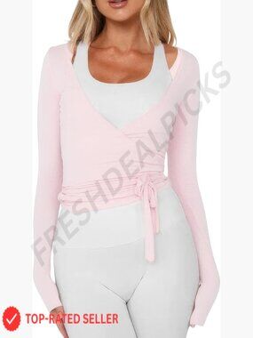 Ballet Crop Wrap Top Long Sleeve Cross Tie Y2K Pilates Yoga Workout Cover Up
